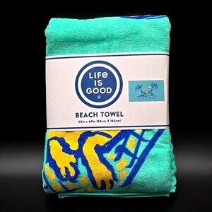 LIFE IS GOOD 100% Cotton Beach Towel Teal & Yellow Size 34" X 64" New